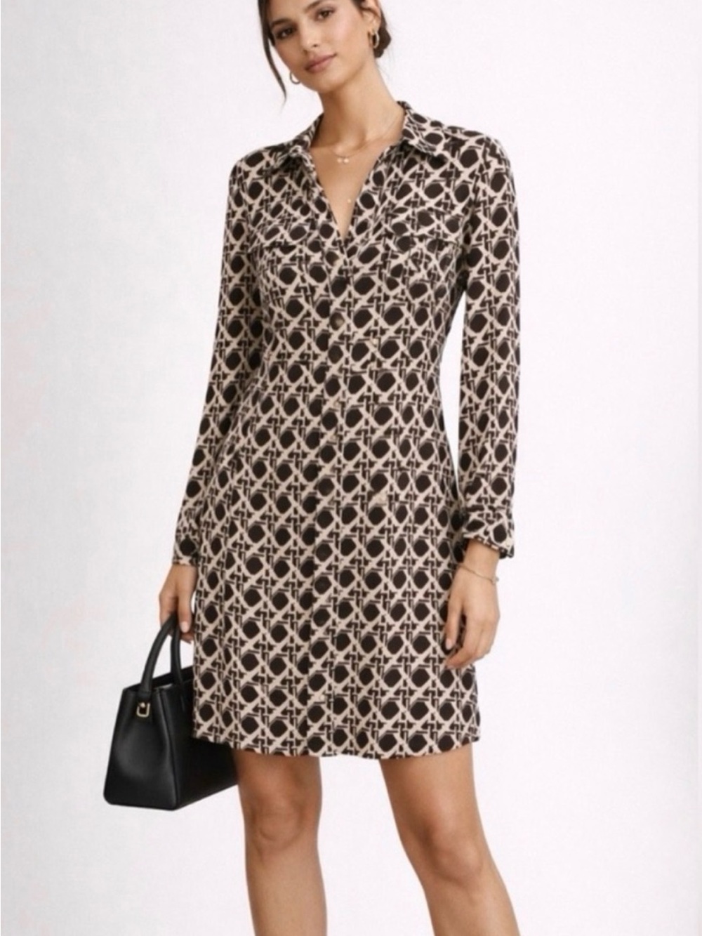 🐕🦺Diane von FURSTENBERG brown& Cream Patterned Long-Sleeve Shirt Dress size 0
